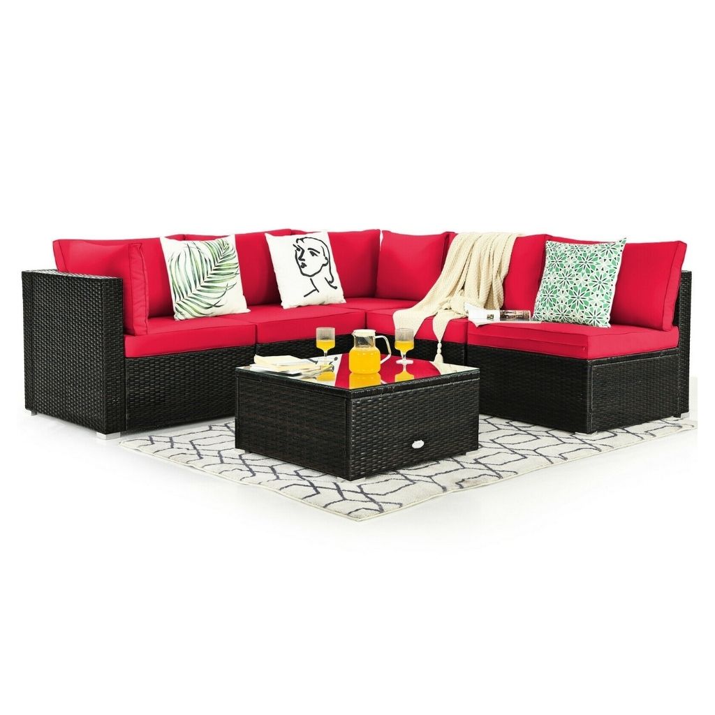 Photos - Garden Furniture Goplus 6-Piece Rattan Patio Furniture Set with Glass Top Table - Red HW67937RE+