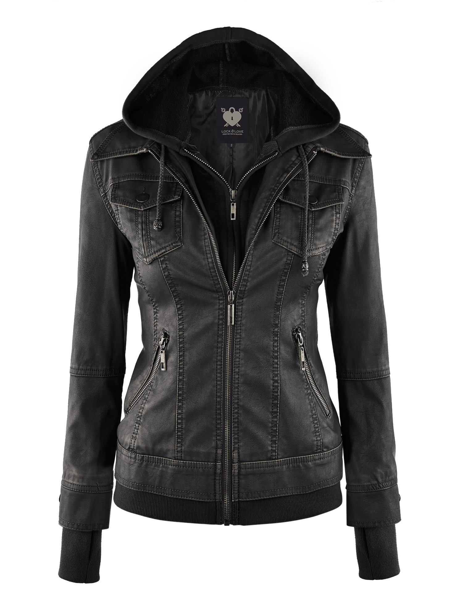 Women's Faux Leather Motorcycle Jacket with Hoodie - BLACK XS