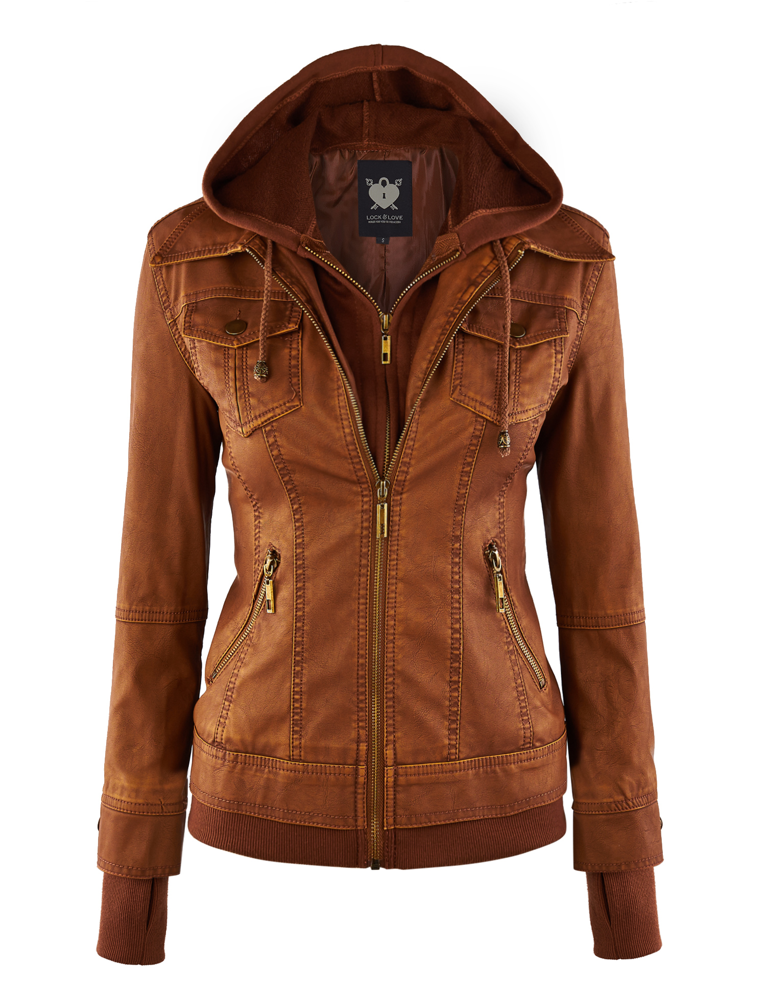 Women's Faux Leather Motorcycle Jacket with Hoodie - CAMEL L
