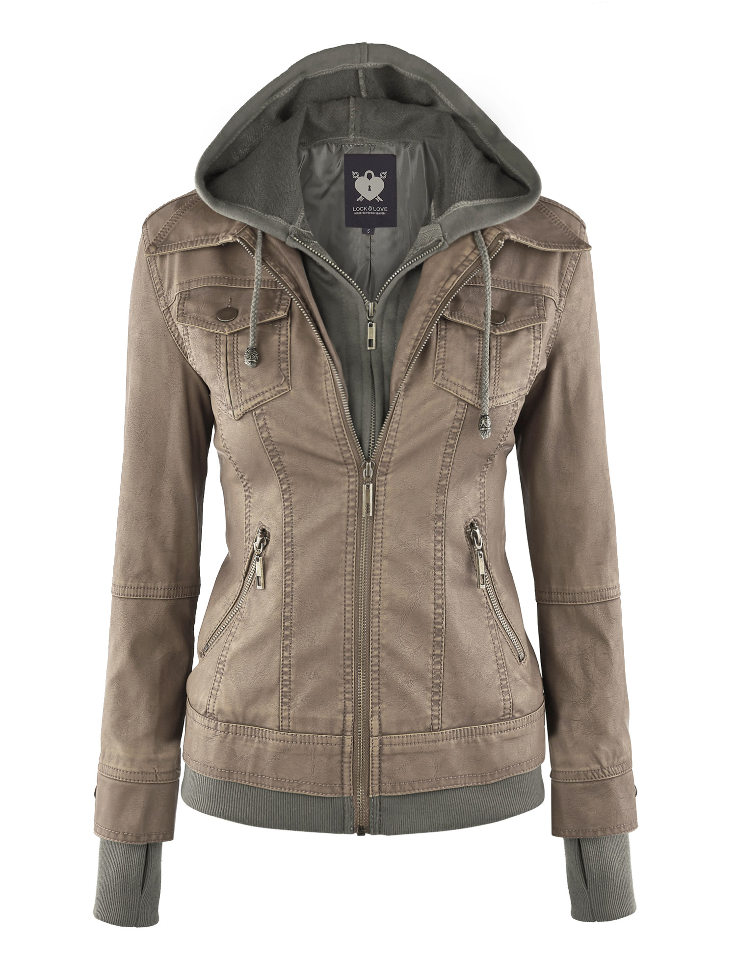 Women's Faux Leather Motorcycle Jacket with Hoodie - KHAKI L