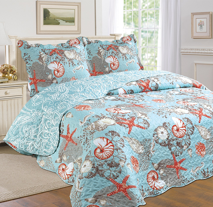 Printed 3-Piece Quilt Set - Coastal - King
