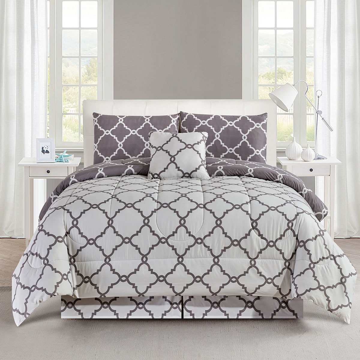 5-Piece Reversible Microfiber Bed Comforter Set - Twin / Quatrefoil Grey