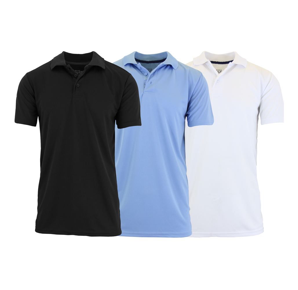 Mens DryFit MoistureWicking Polo Shirt 3Pack  Black  Light Blue  White  Large
