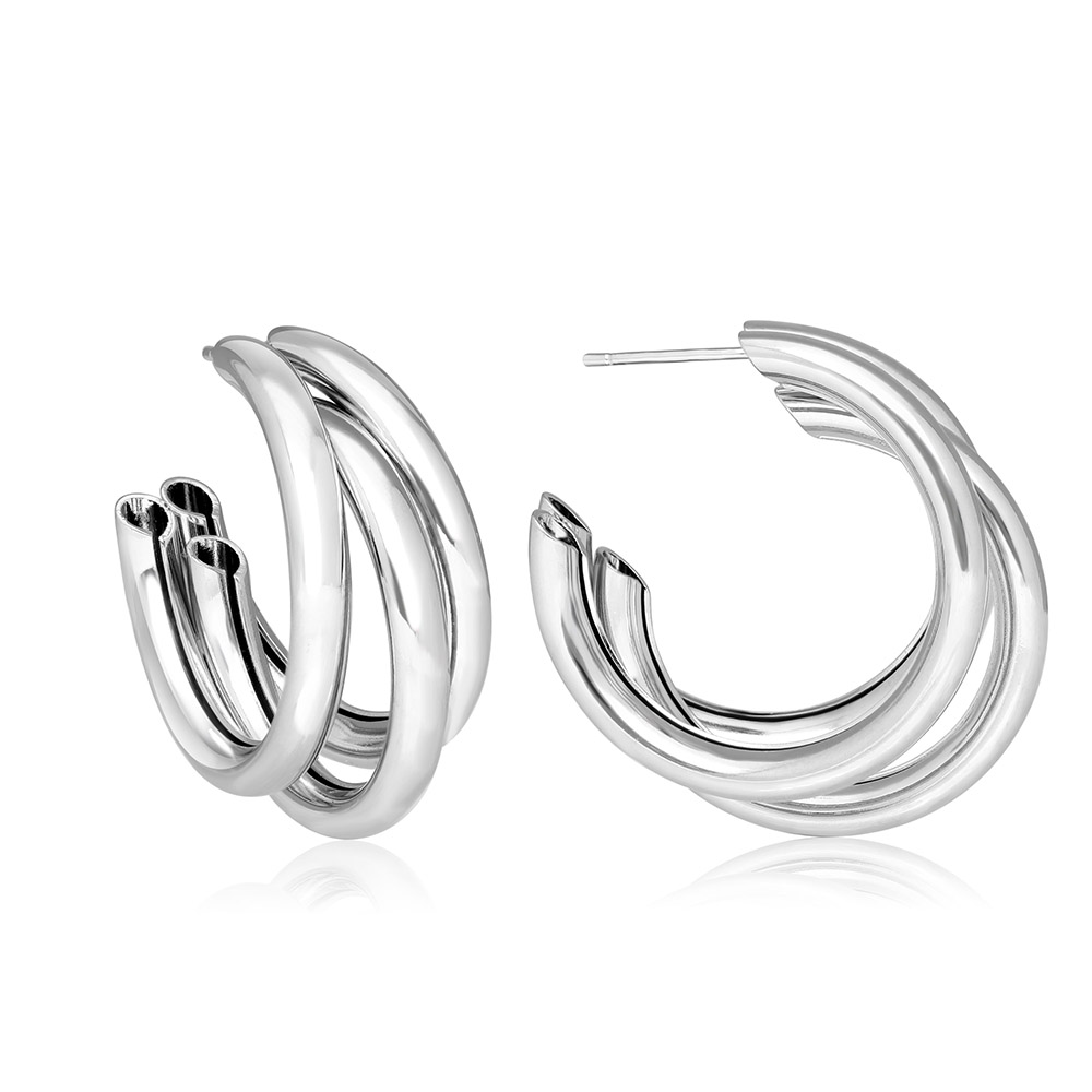 Triple Chunky Hoop 14K-Gold-Plated Earrings with Gift Pouch - Silver