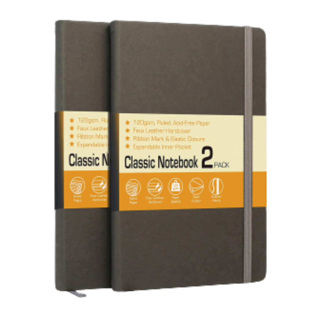 Classic Notebook with 120GSM Paper & Faux Leather Hardcover (2-Pack) - Classic-Notebook-2Pk-Gry