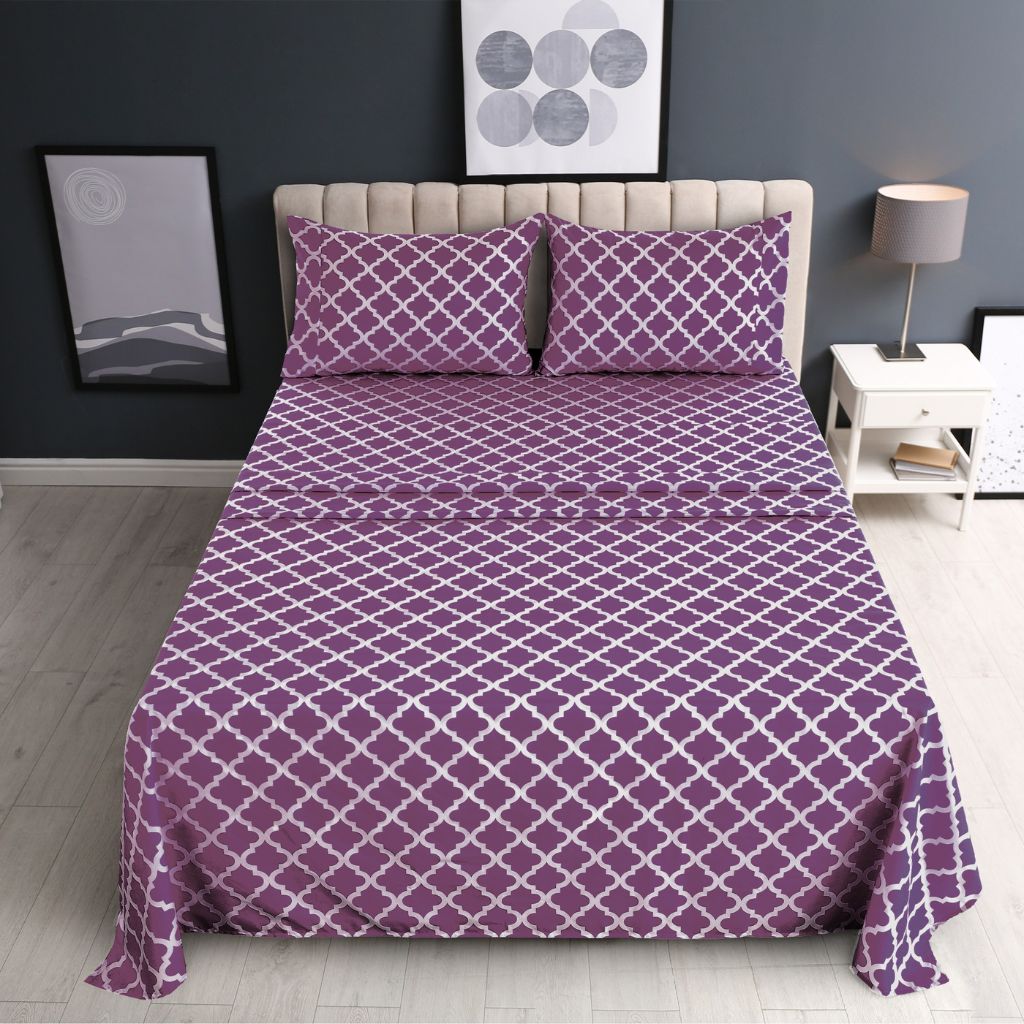 4-Piece Premium Quatrefoil Microfiber Bedding Set - King - Purple
