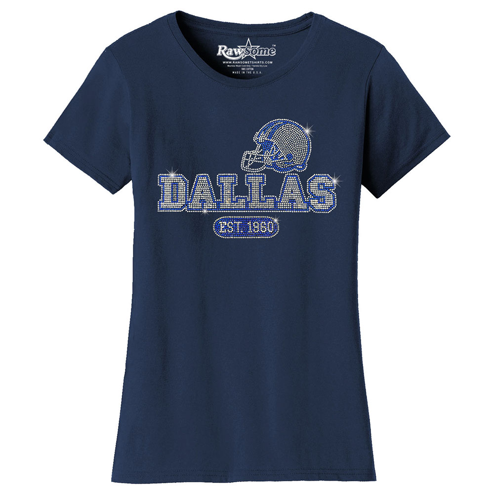 Women's Awesome Football Rhinestone Bling T-Shirt - Dallas - Navy / L