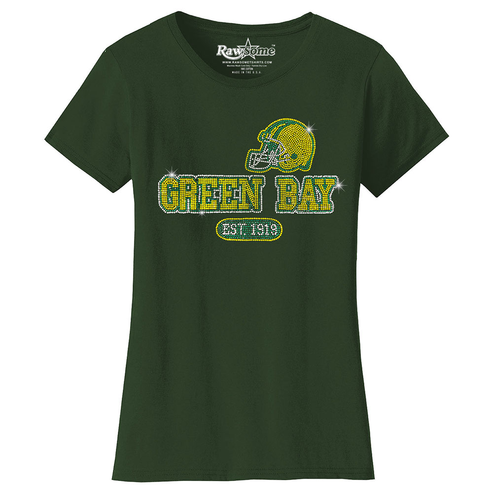 Women's Awesome Football Rhinestone Bling T-Shirt - Green Bay - F.Green / L
