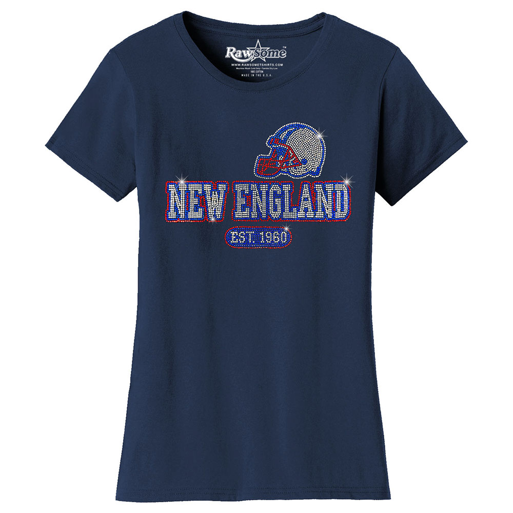 Women's Awesome Football Rhinestone Bling T-Shirt - New England - Navy / L