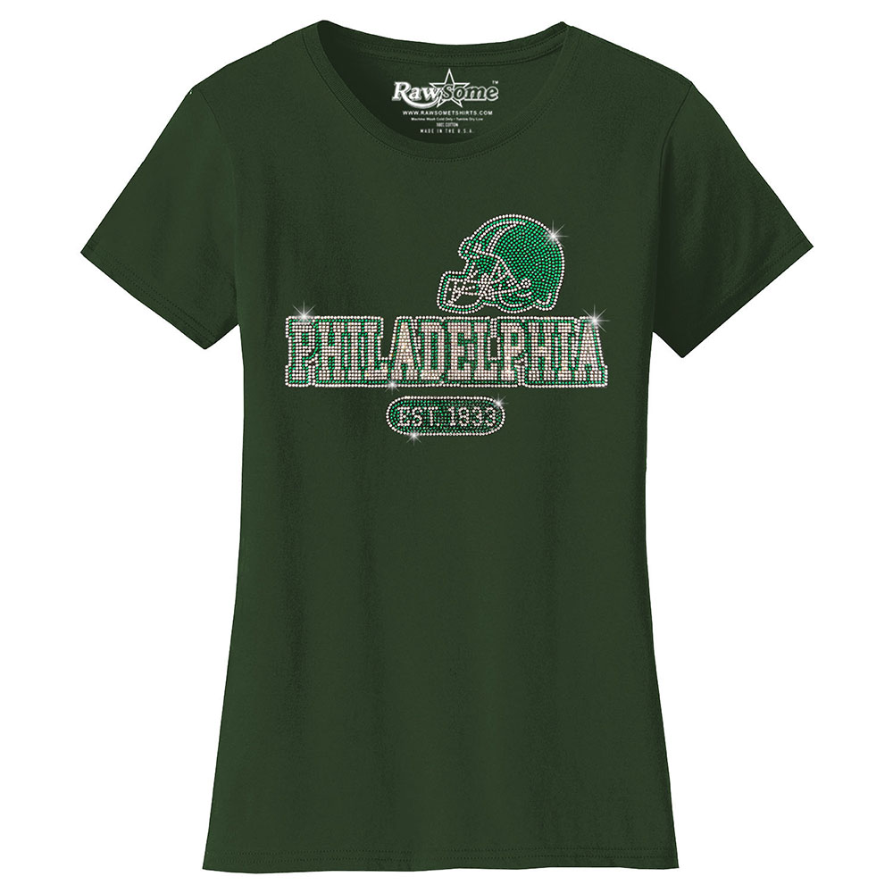 Women's Awesome Football Rhinestone Bling T-Shirt - Philadelphia - F.Green / L