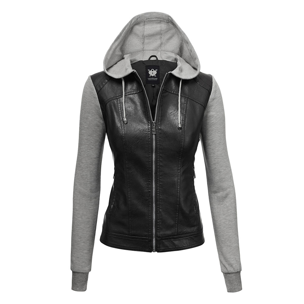 Lock & Love Faux Leather Full-Zip Hoodie Sweatshirt Jacket - Black/Heather Grey - 2XL