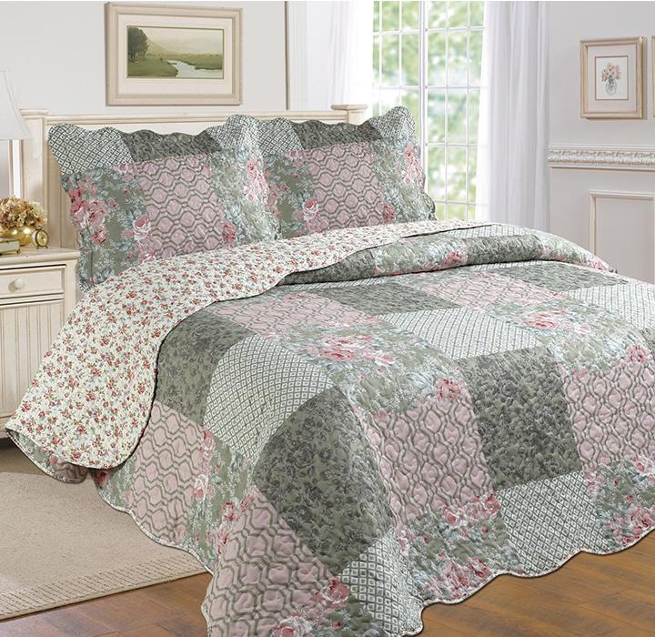 Printed 3-Piece Quilt Set - Green Patchwork - King