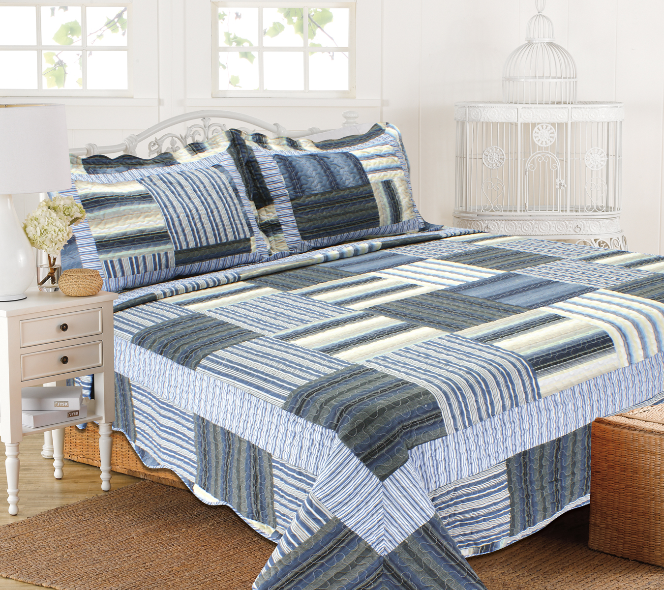 Printed 3-Piece Quilt Set - Blue Stripe - King