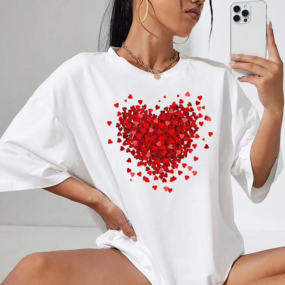 Women's Oversized Valentine's Day T-Shirts - Hearts Burst - White / L