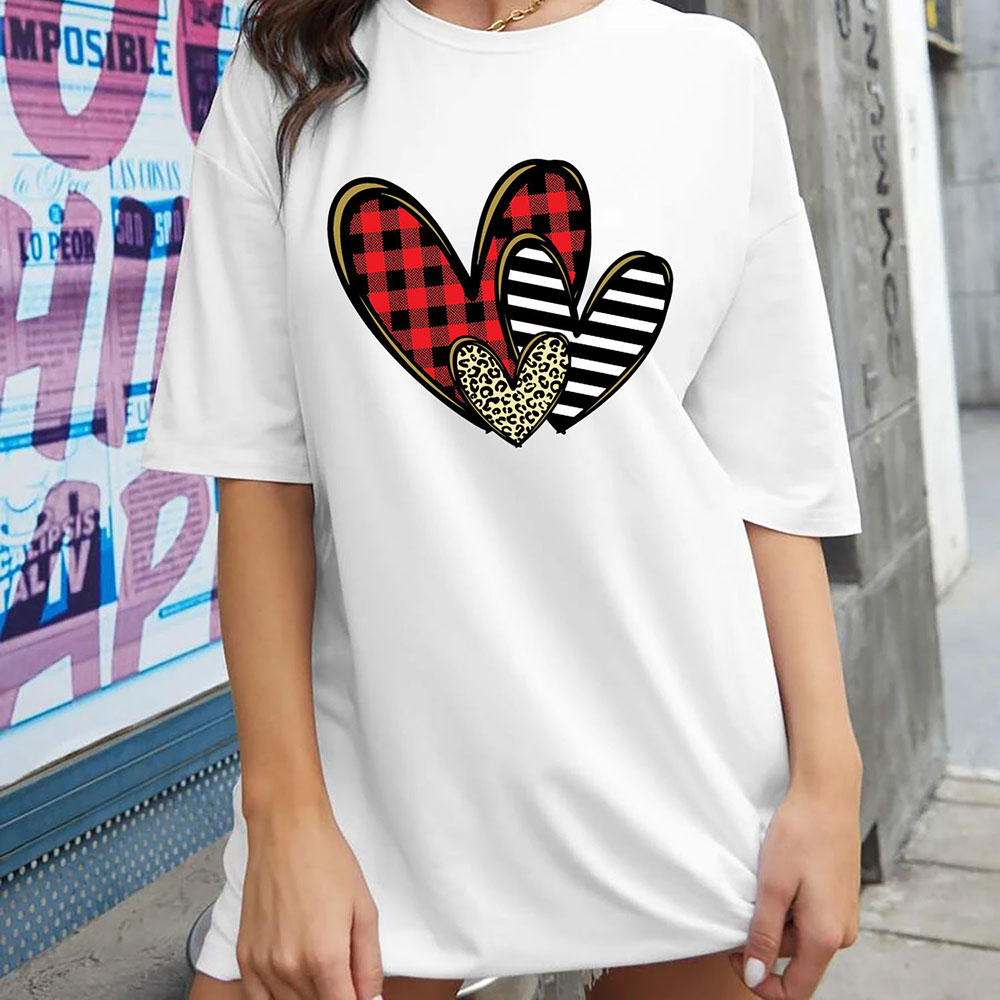 Women's Oversized Valentine's Day T-Shirts - Plaid Stripe Cheeta Heart - White / 2XL