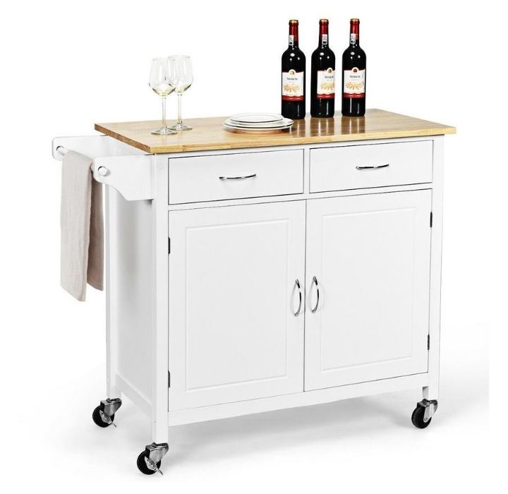 Modern Rolling Wood Top Kitchen Island Cart - White