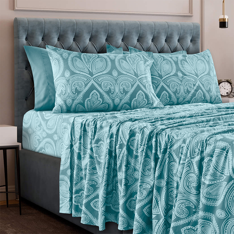 4 or 6-Piece Paisley Printed Deep Pocket Bed Sheet Set - QUEEN - LIGHT BLUE