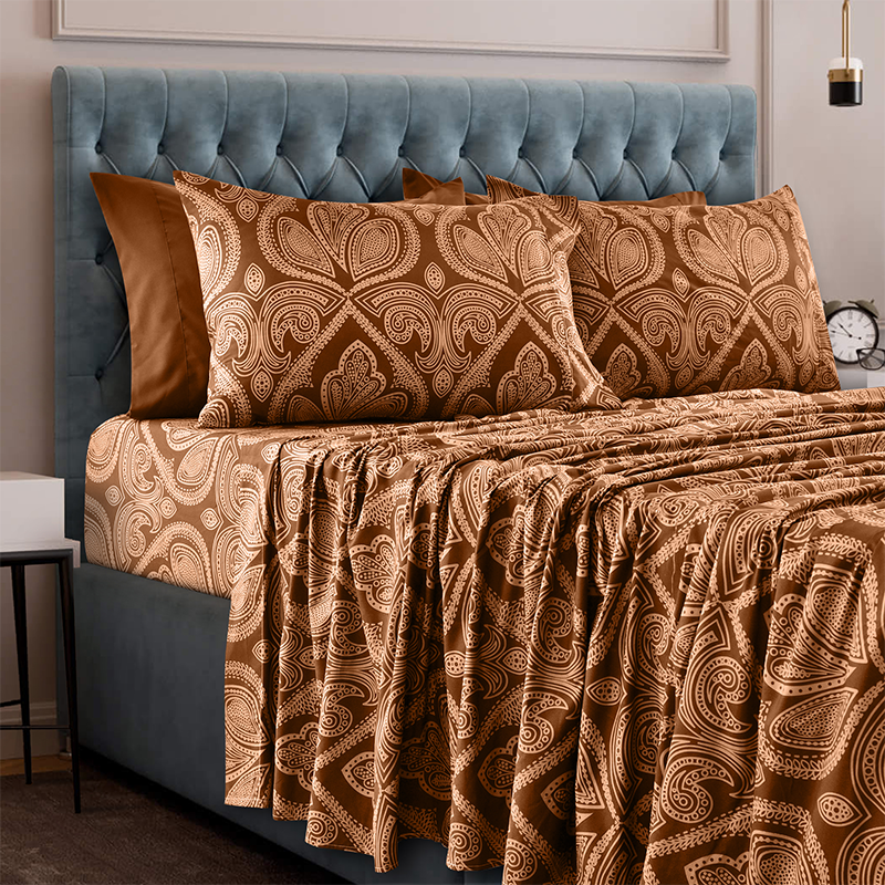 4 or 6-Piece Paisley Printed Deep Pocket Bed Sheet Set - QUEEN- BROWN