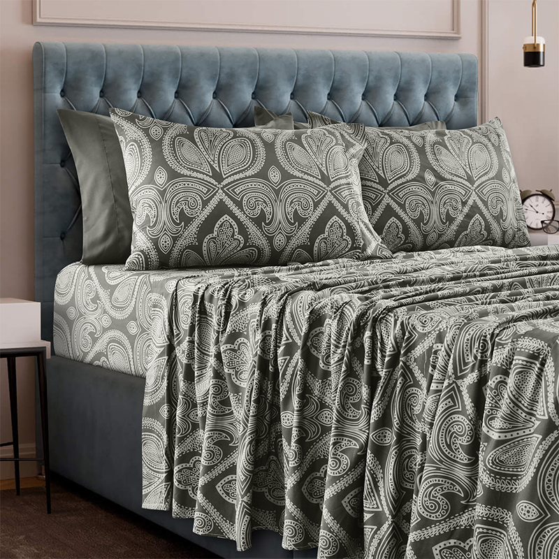 4 or 6-Piece Paisley Printed Deep Pocket Bed Sheet Set - KING - GREY