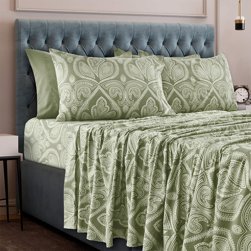4 or 6-Piece Paisley Printed Deep Pocket Bed Sheet Set - KING - SAGE