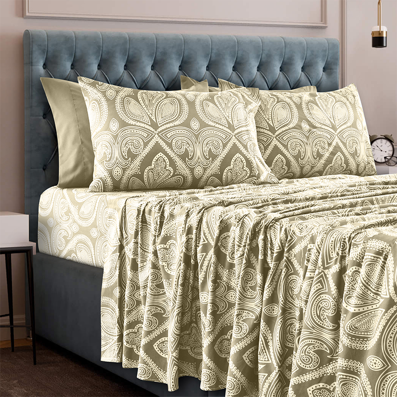 4 or 6-Piece Paisley Printed Deep Pocket Bed Sheet Set - KING - IVORY