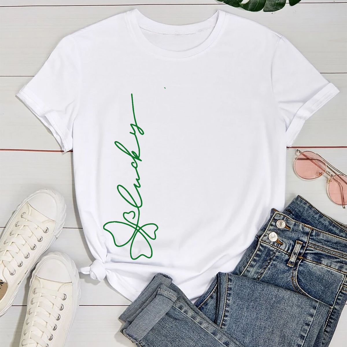 Women's Irish Love St. Patrick's Day Graphic T-Shirts - Lucky Clover Signature - White-Green Prt / S