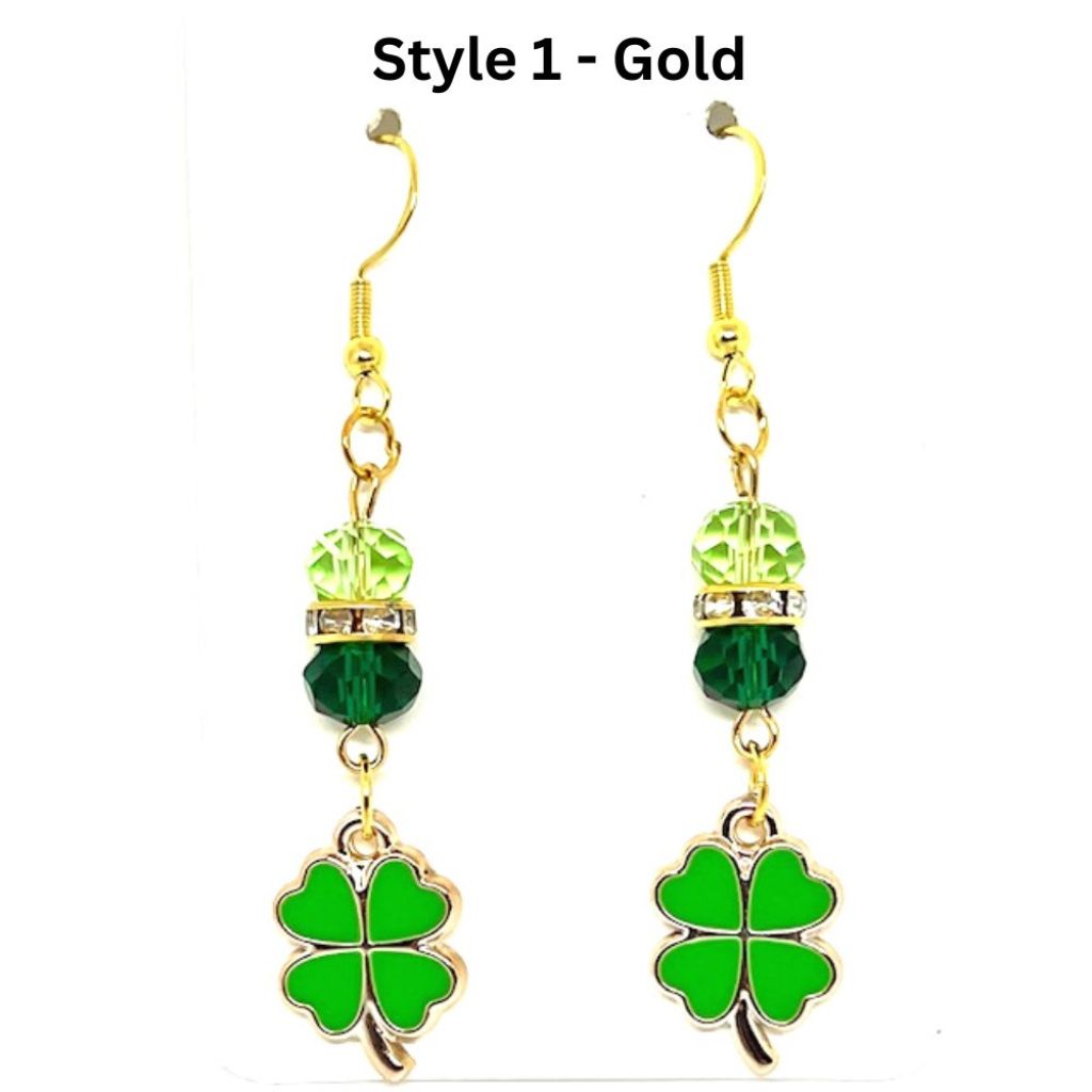 Handcrafted St. Patrick's Day Shamrock Dangle Earrings - Style 1 - Gold