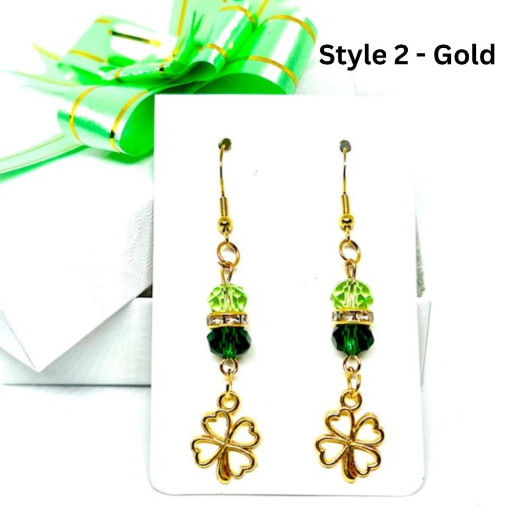Handcrafted St. Patrick's Day Shamrock Dangle Earrings - Style 2 - Gold