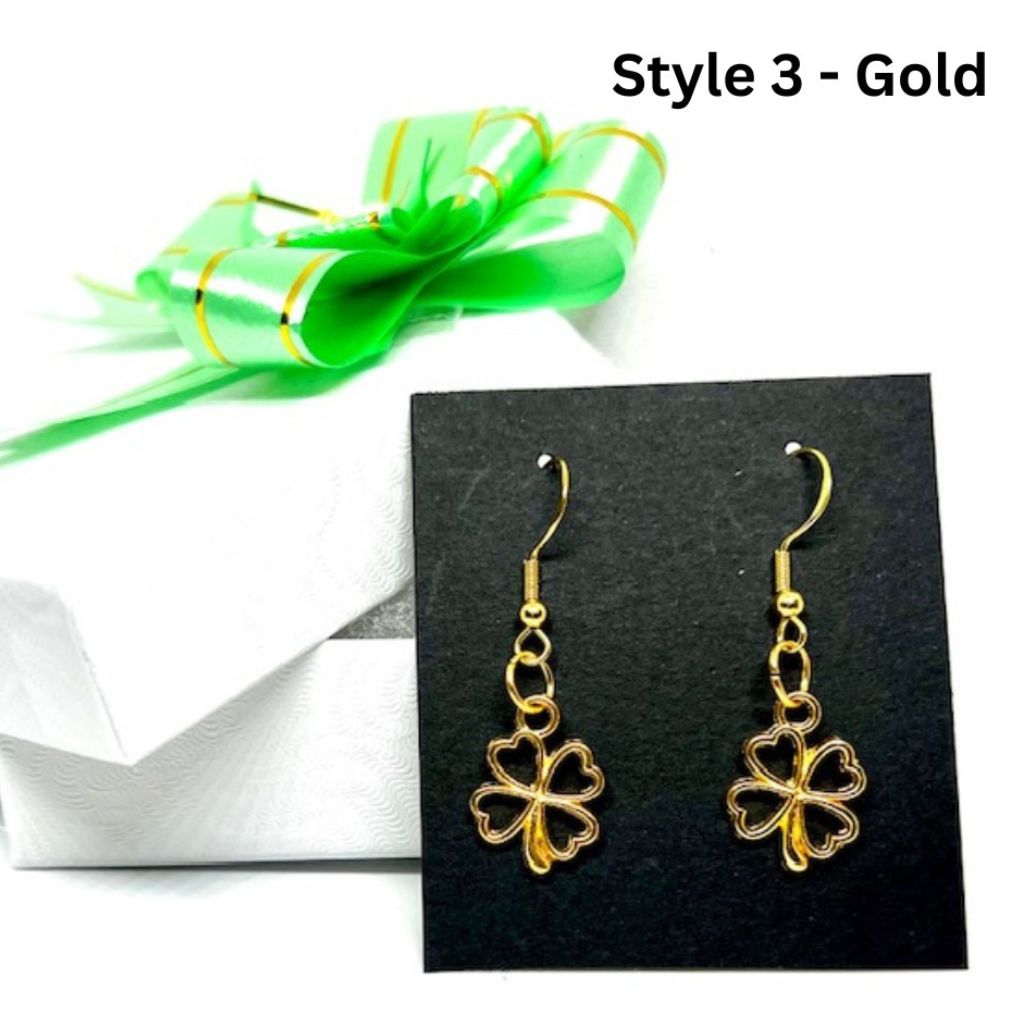 Handcrafted St. Patrick's Day Shamrock Dangle Earrings - Style 3 - Gold