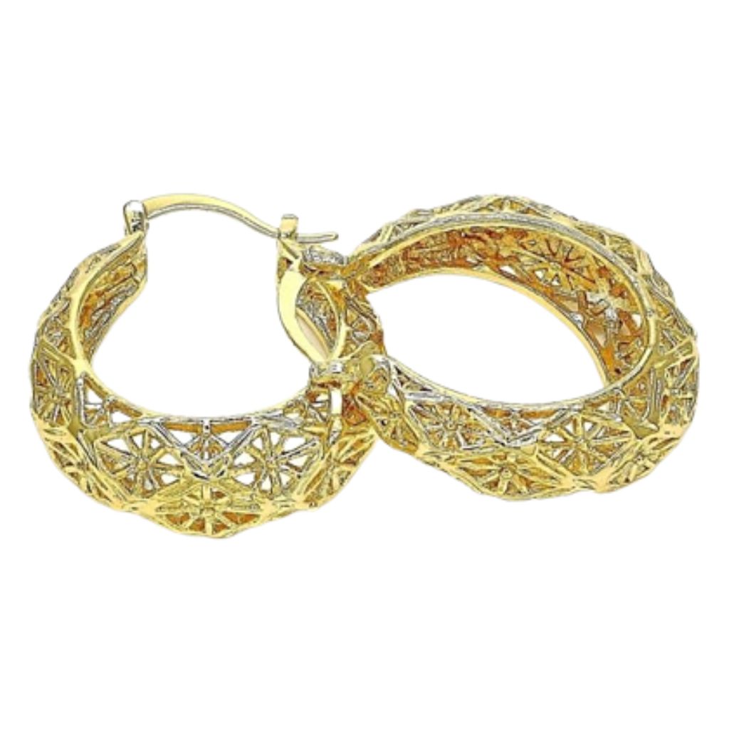 18K GoldFilled DiamondCut Fancy Filigree Textured Hoop Earrings  Yellow Gold