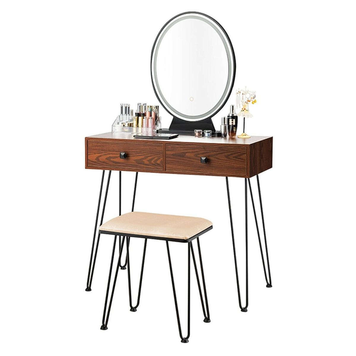 Vanity Table with Touch Switch 3-Color Lighting - Brown