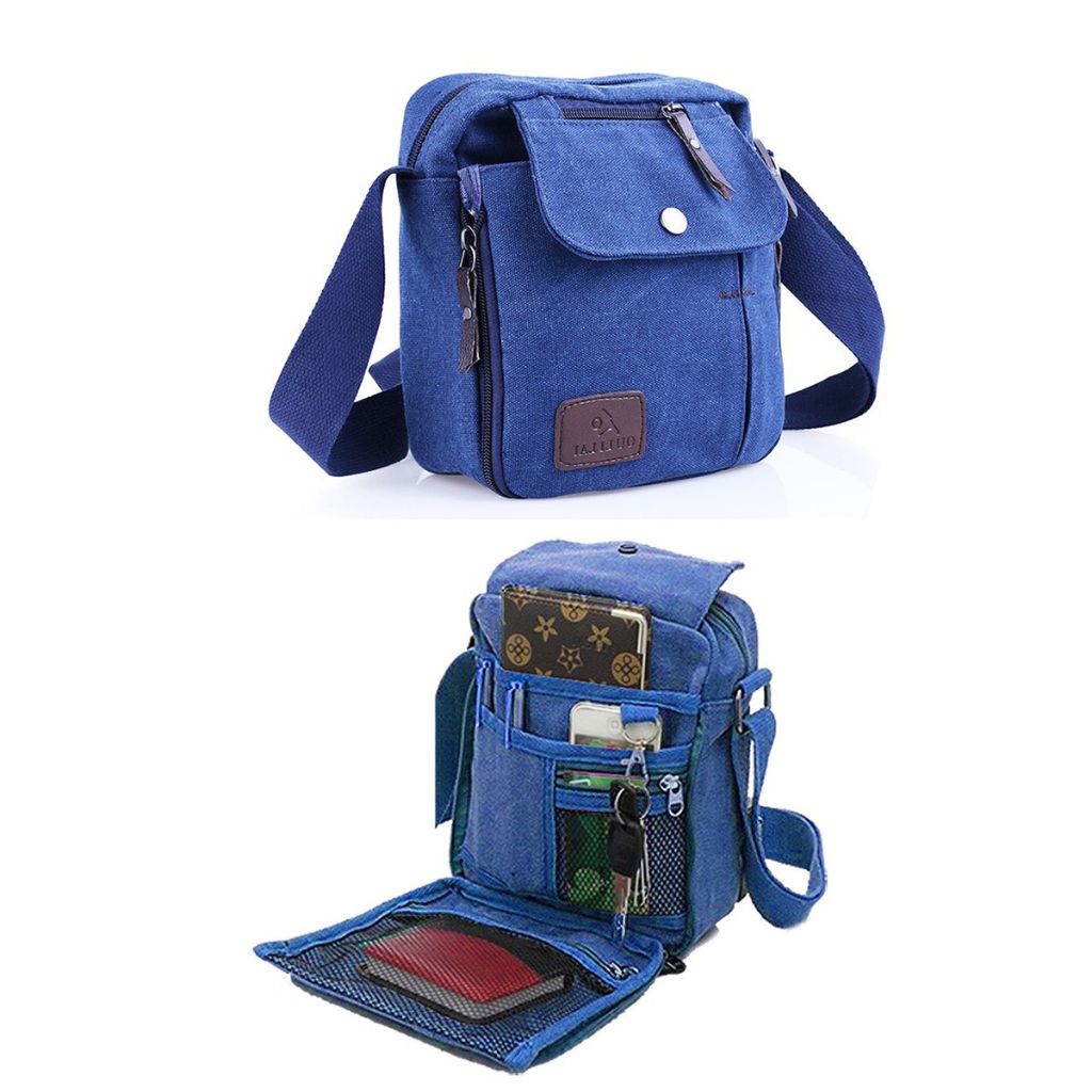 Multifunctional Canvas Bag with Adjustable Shoulder Strap - Blue