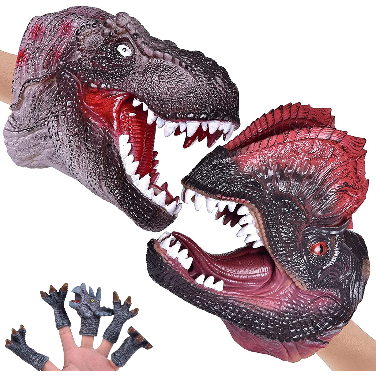 Realistic Dino Heads Glove Toy Set with Bonus Finger Puppets - DinosaurPuppets-T-Rex&Dilo