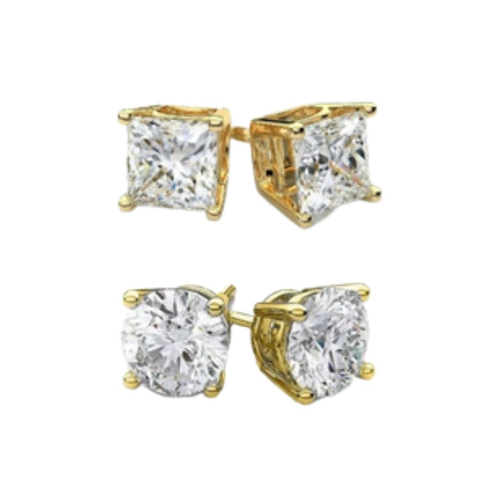 Round and Princess Cut Earrings (2-Pack) - Yellow Gold Set