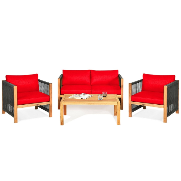 Photos - Garden Furniture Goplus Acacia Wood 8-Piece Cushioned Patio Furniture Set - Red UNTIL-2*HW6