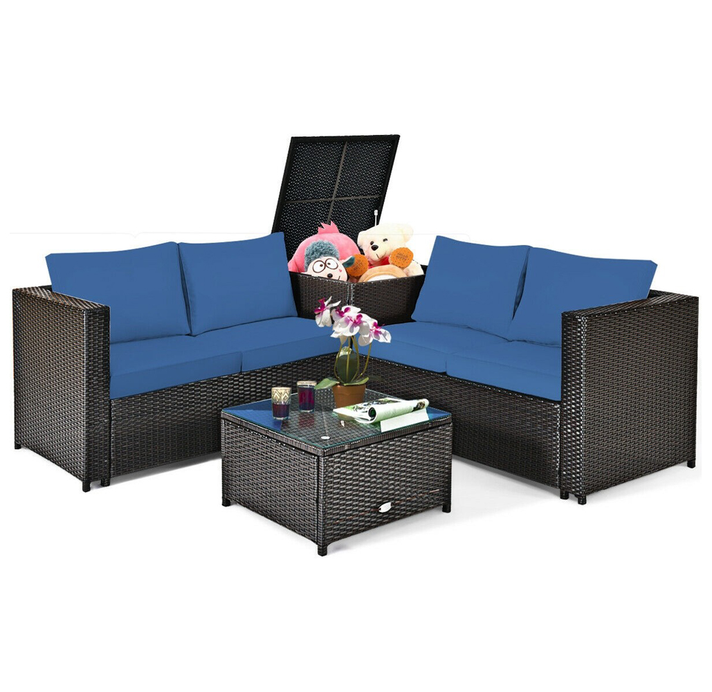 Photos - Garden Furniture Costway Rattan 4 Piece Storage Loveseat Patio Set - Navy HW66714NY+UNTIL