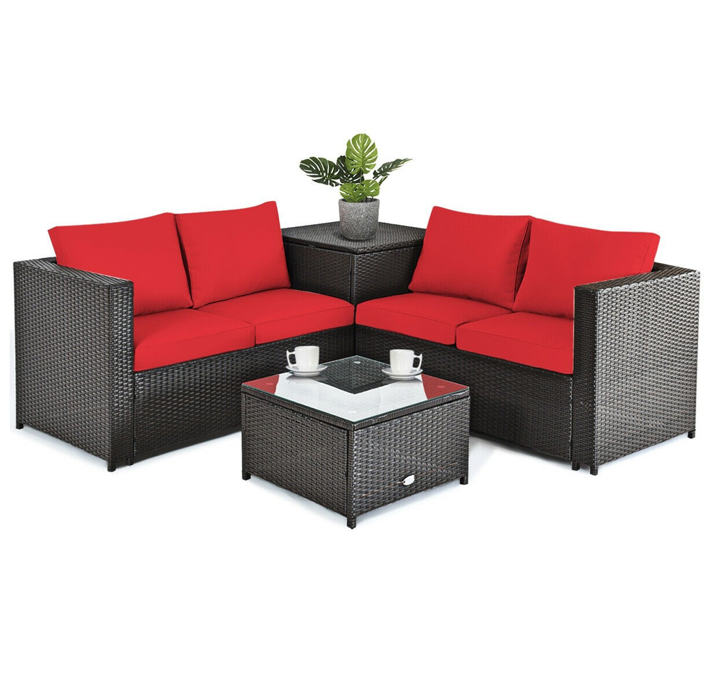 Photos - Garden Furniture Costway Rattan 4 Piece Storage Loveseat Patio Set - Red HW66714RE+UNTIL 