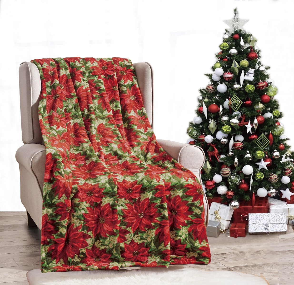 Noble House Soft Fleece Winter Holiday Throw Blanket - Poinsettia