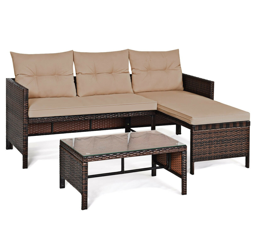 Rattan Wicker Outdoor 3-Piece Patio Sectional - Beige