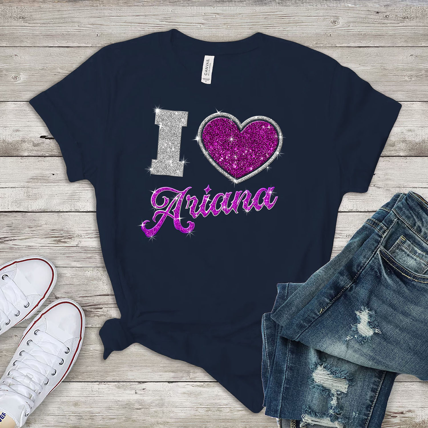 Women's 'Team Ariana' Fashion T-Shirt - I Love Ariana - Navy-Bling Prt / L
