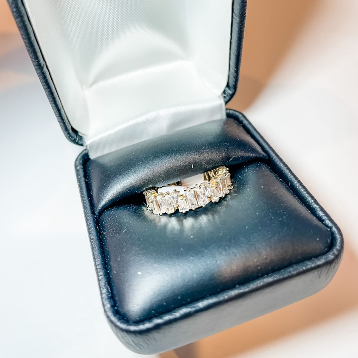 Baguette CZ Eternity Bands - Gold Band & White Stone Size 8