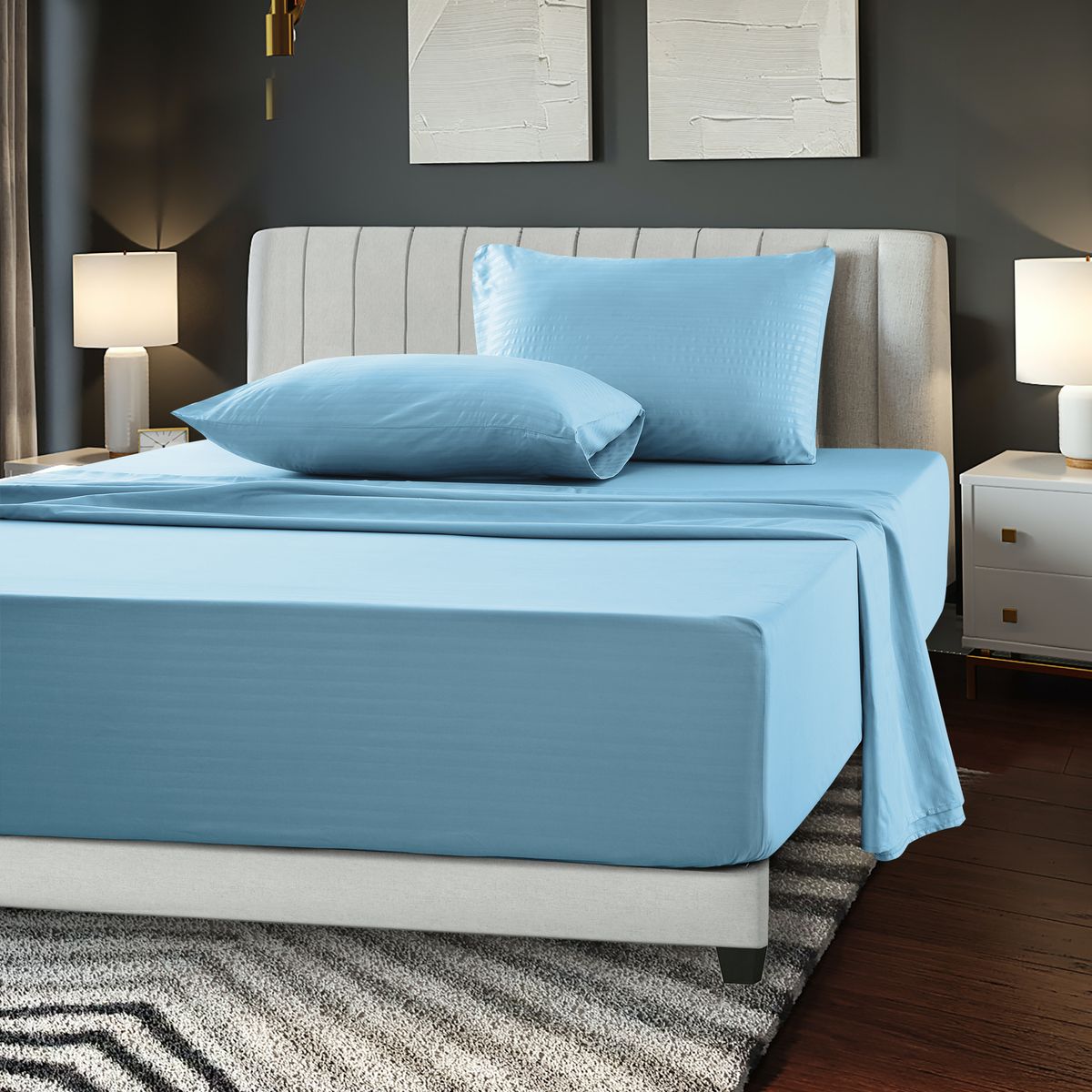 Brushed Microfiber Striped Bed Sheet Set - Queen-Blue
