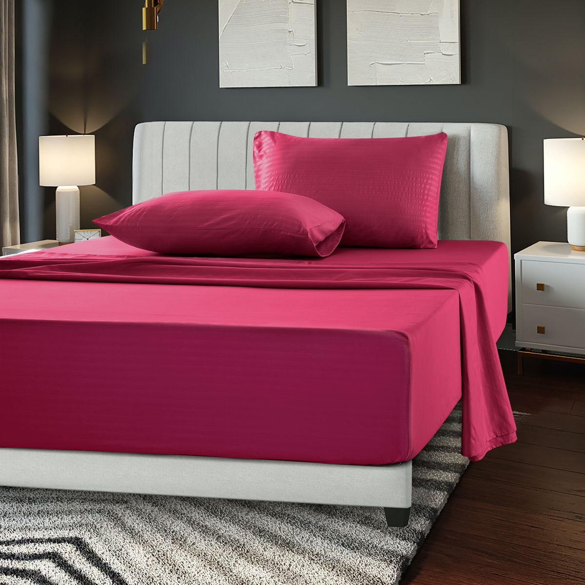 Brushed Microfiber Striped Bed Sheet Set - Queen-Burgundy