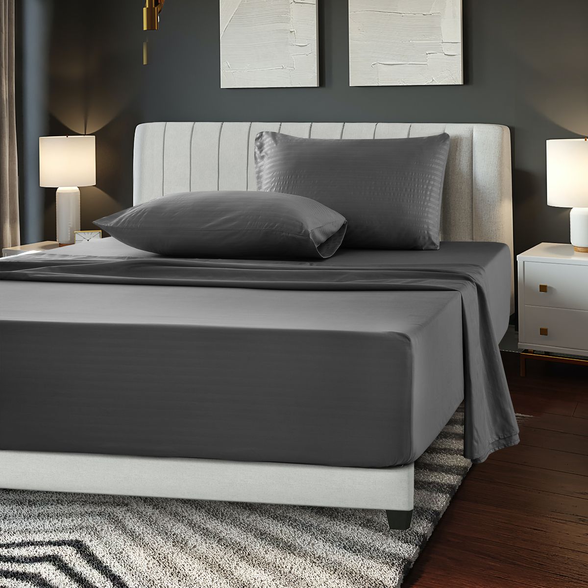 Brushed Microfiber Striped Bed Sheet Set - Queen-DarkGrey