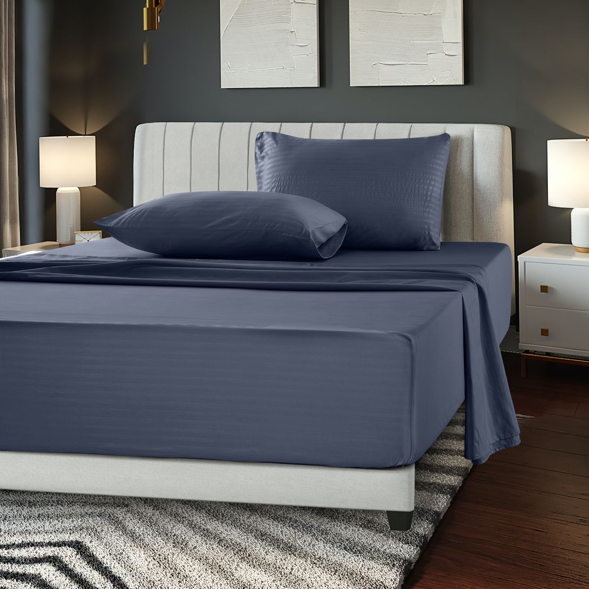 Brushed Microfiber Striped Bed Sheet Set - Queen-Navy