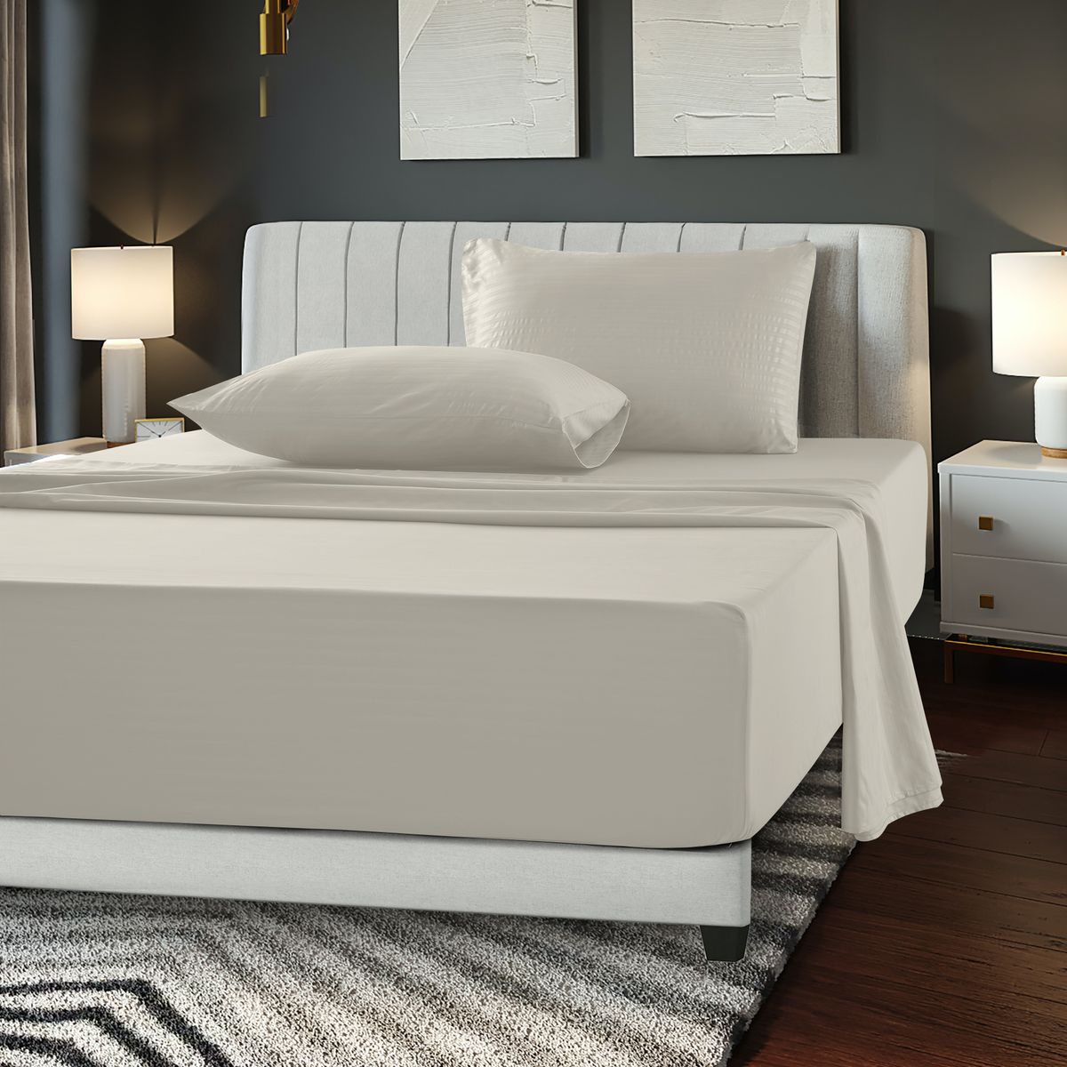 Brushed Microfiber Striped Bed Sheet Set - Queen-Taupe