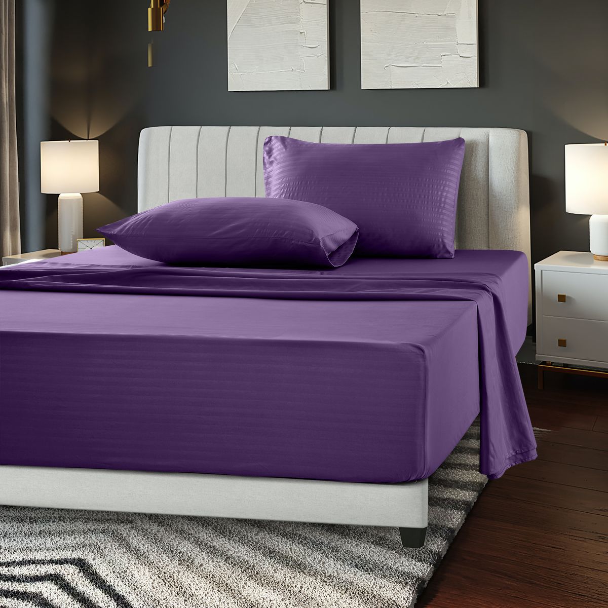 Brushed Microfiber Striped Bed Sheet Set - King-Purple