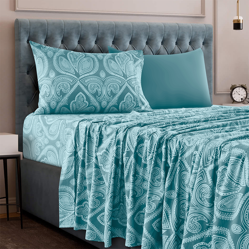 4 or 6-Piece Paisley Printed Deep Pocket Bed Sheet Set - Twin-XL - Light Blue