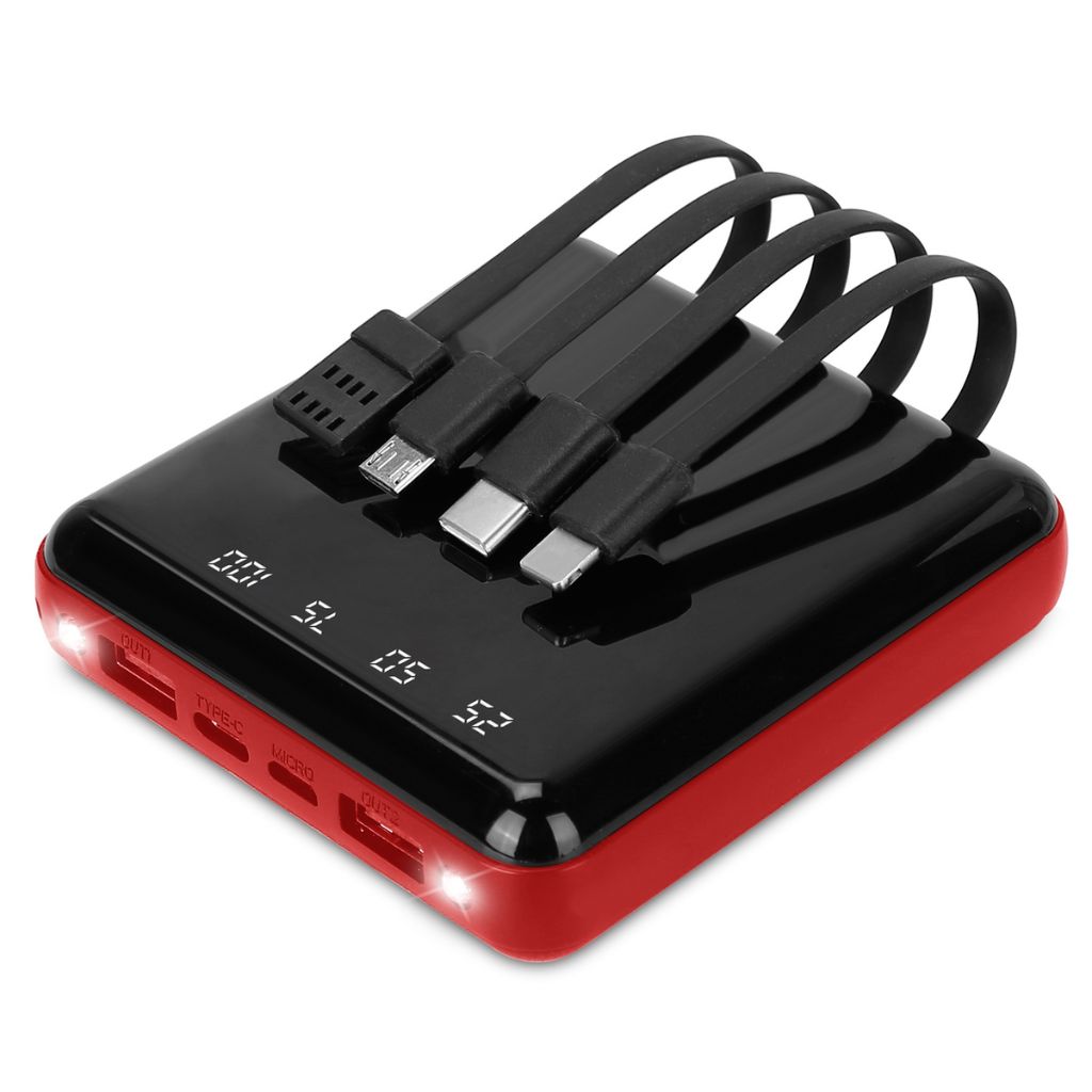 PowerMaster™ 10,000mAh Portable Power Bank with Built-in Cables - Red