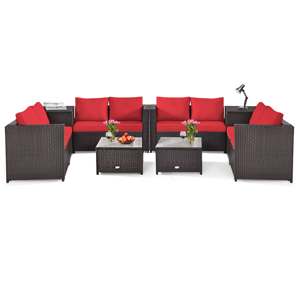 Rattan 8-Piece Storage Loveseat Patio Set - Red Cushions-image-SKU863657